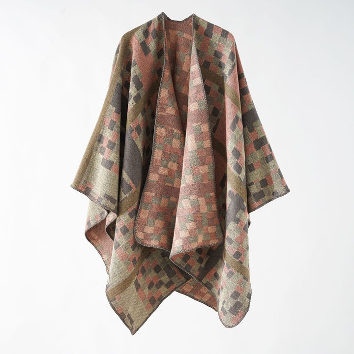 Damen Kastiger Webponcho mit grafischem Jacquard und Kettelkante Drune