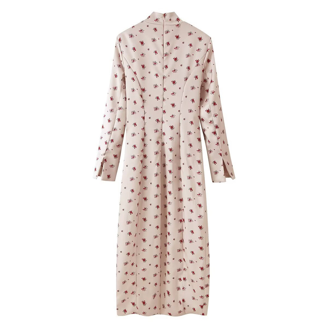 Damen Midikleid mit Stehkragen, floraler Allover‑Print und verdeckter Knopfleiste Drune
