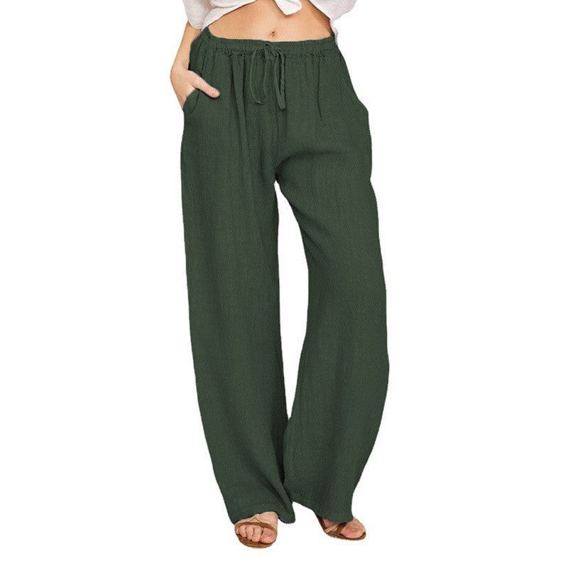 Damen Weite Leinenoptik-Hose mit Gummibund, Tunnelzug und Eingrifftaschen Drune