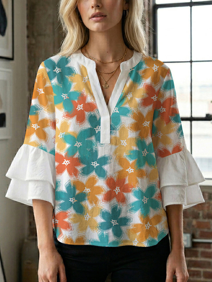 Damen Bluse mit voluminösen Ärmeln und floralem Design Drune