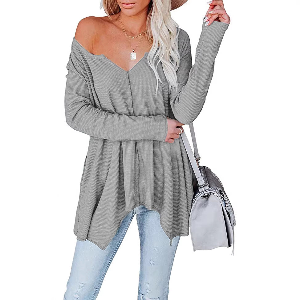 Damen Freizeit Waffelstrick Tunika mit V-Ausschnitt, Off-Shoulder und asymmetrischem Saum Drune