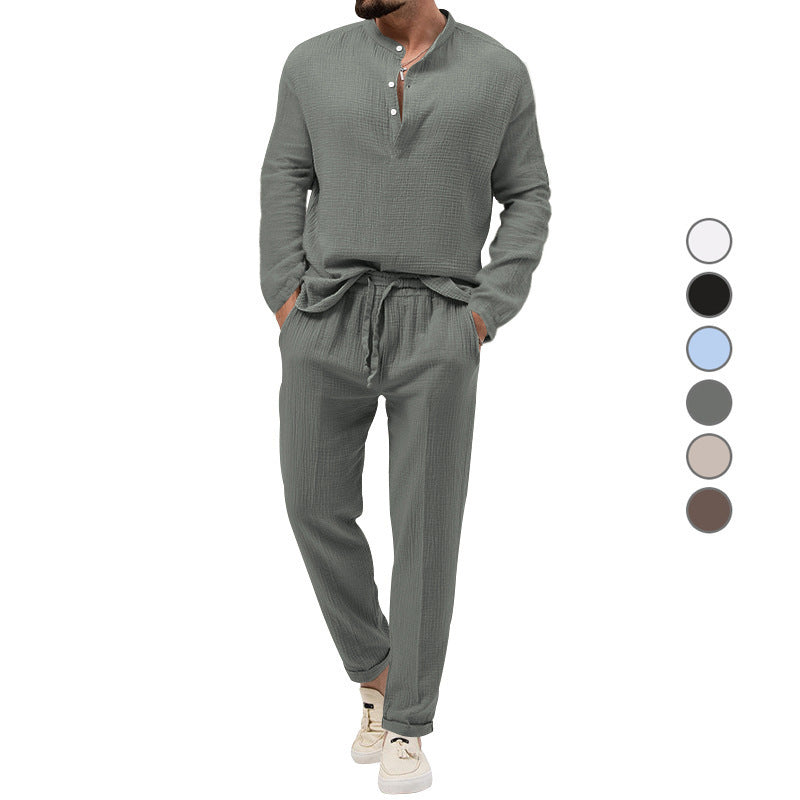 Herren Lässiges Zweiteiliges Lounge-Set aus Baumwoll-Gauze mit Henley-Oberteil und Tunnelzug-Hose Drune