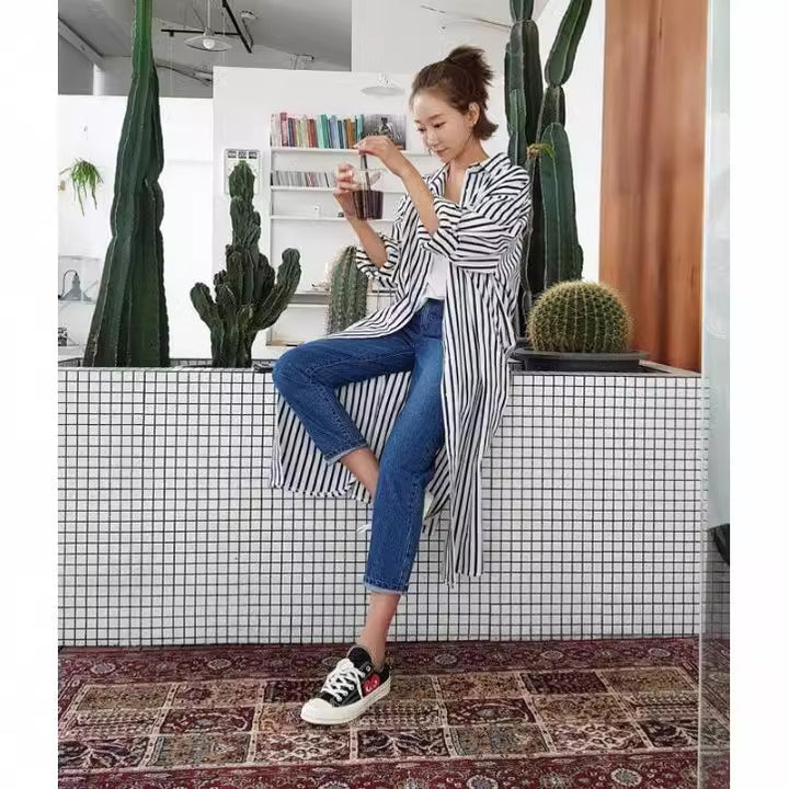 Damen Langes Gestreiftes Hemdmidaxi mit Stehkragen, Oversize‑Schnitt und tiefen Seitenschlitzen Drune