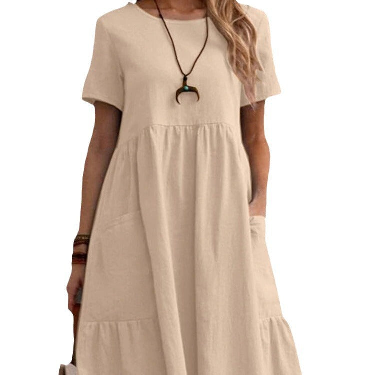 Damen Lockeres Baumwollkleid mit Taschen und Volant Drune