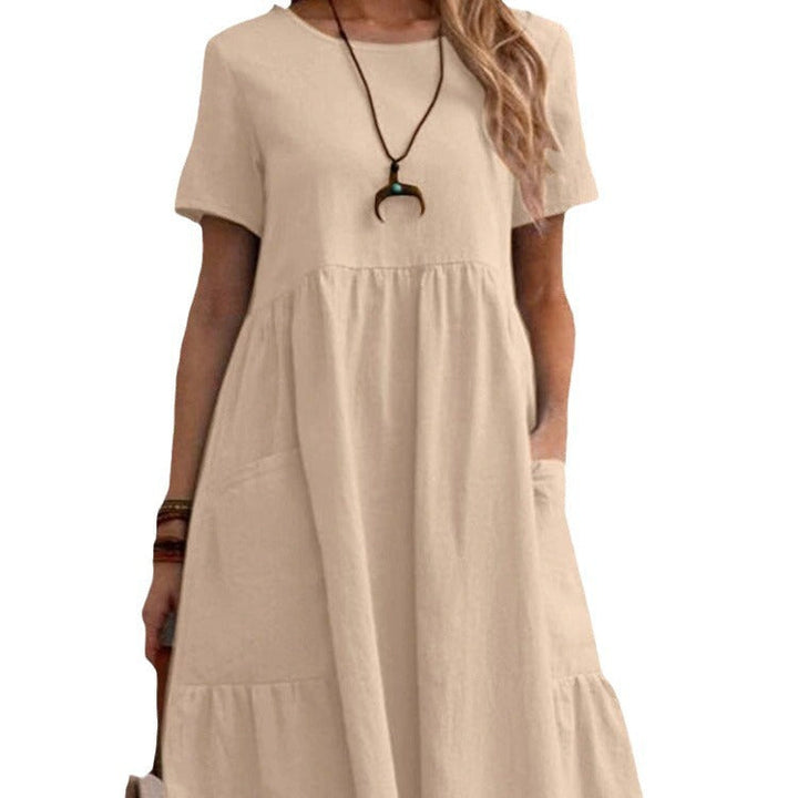 Damen Lockeres Baumwollkleid mit Taschen und Volant Drune