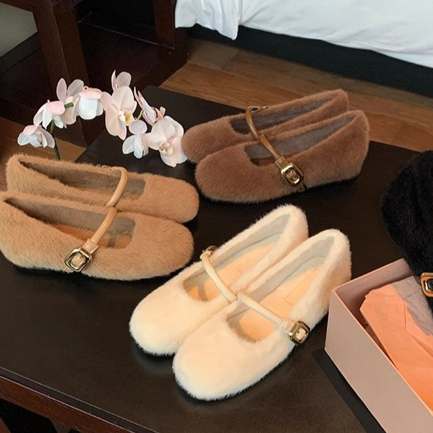 Damen Kuschelige Faux‑Fur Mary‑Jane‑Slipper mit gepolstertem Komfortfußbett und goldener Schnallenapplikation Drune