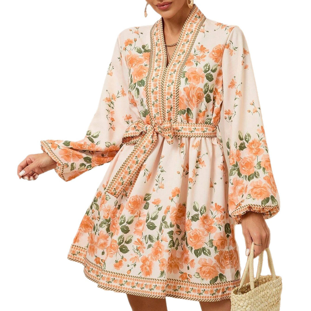 Damen Sommerliches Blumenkleid mit eleganter Taillenschnürung und langen Ärmeln Drune