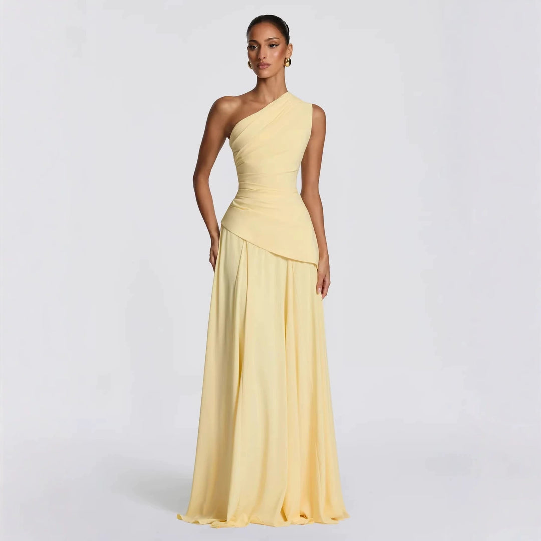 Damen Elegantes One-Shoulder Maxikleid mit fließenden Drapierungen Drune