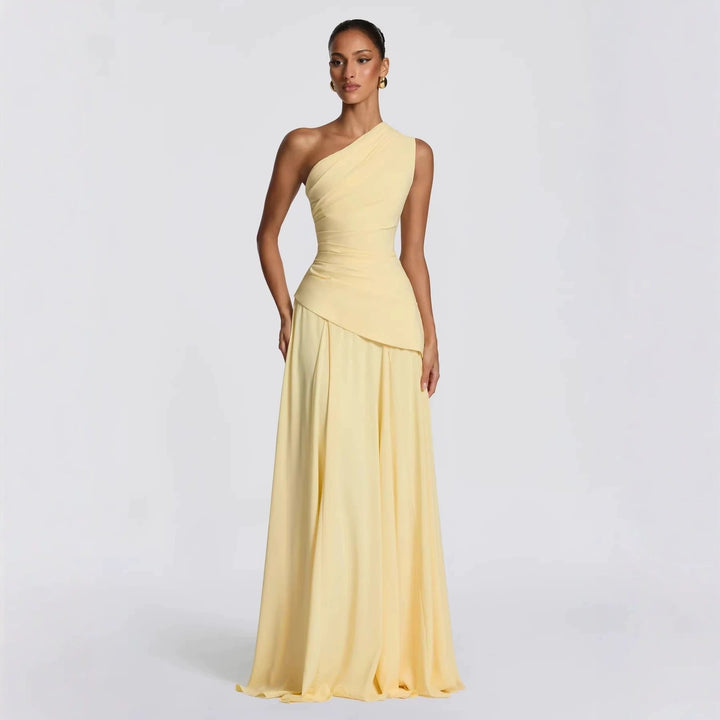 Damen Elegantes One-Shoulder Maxikleid mit fließenden Drapierungen Drune