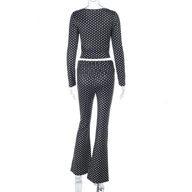 Damen figurbetonter Jumpsuit mit langen Ärmeln und Polka-Dot Muster Drune