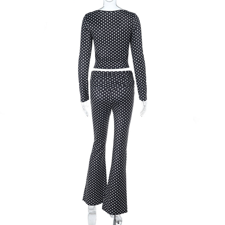 Damen figurbetonter Jumpsuit mit langen Ärmeln und Polka-Dot Muster Drune
