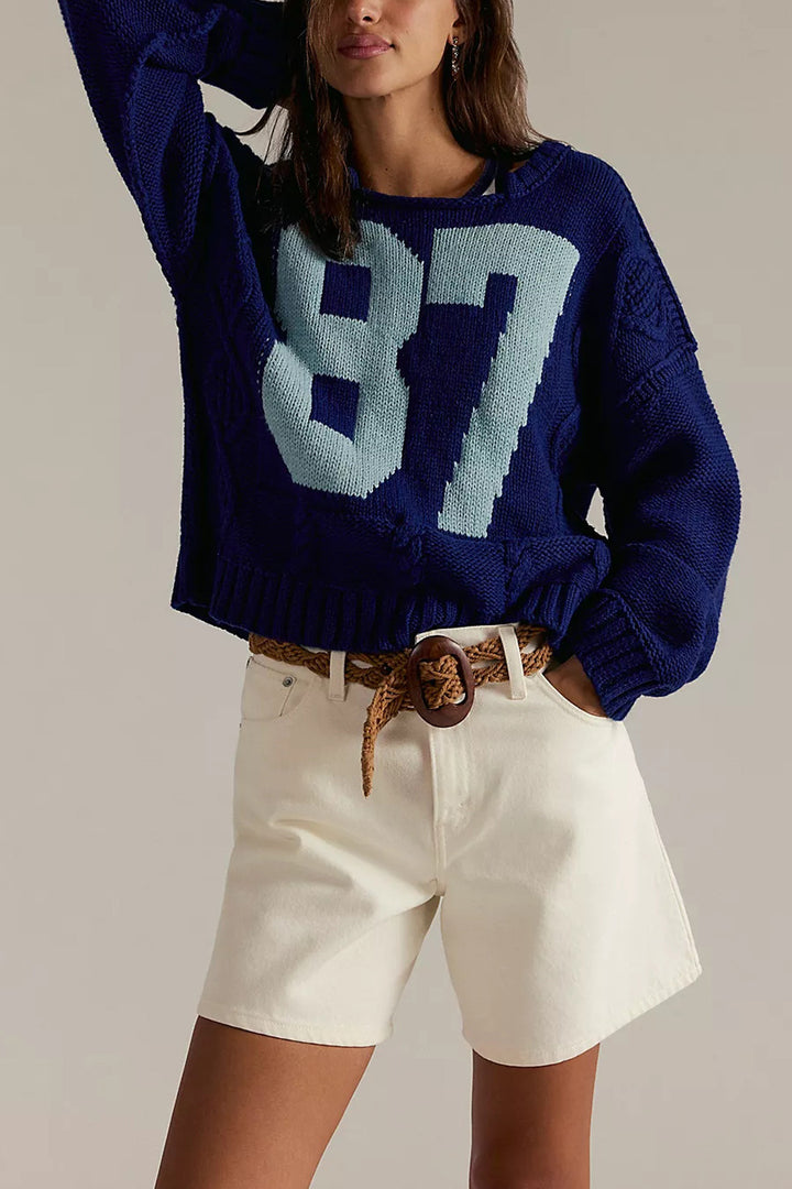 Damen Freizeit Strickpullover mit sportlicher Nummernstickerei Drune