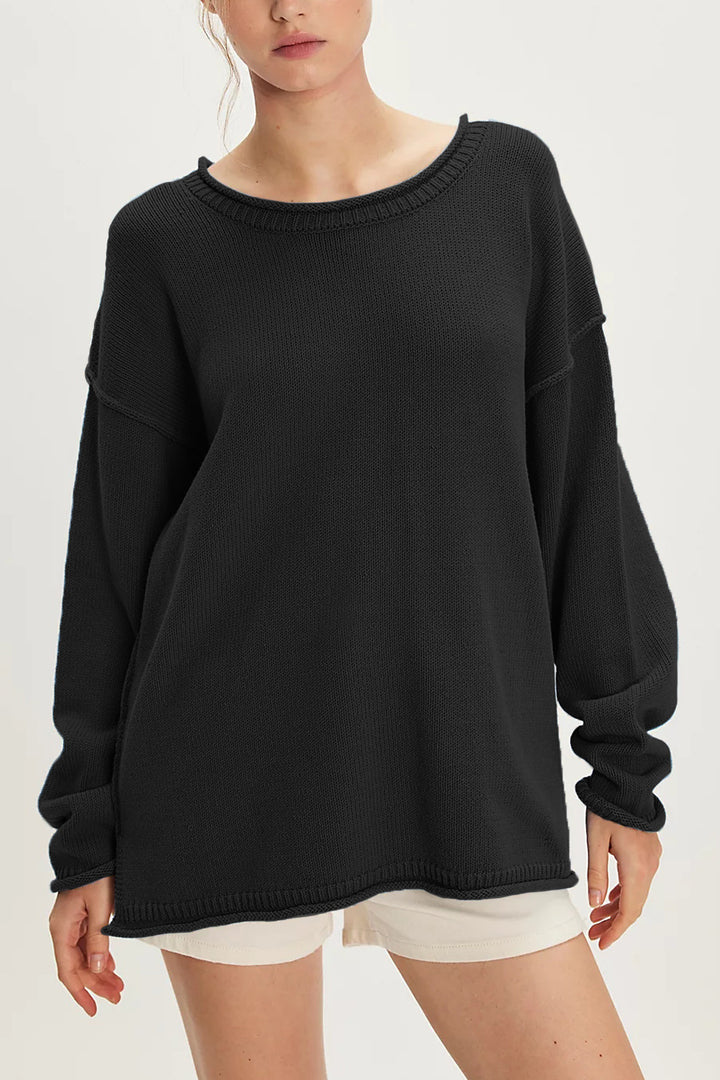 Damen lässiger Strickpullover mit weiten Ärmeln und Rippenstruktur Drune