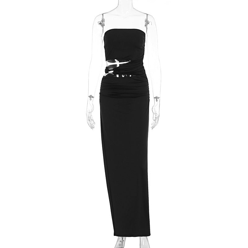 Damen elegantes Bodenkleid mit gerafftem Design und verstellbarem Gürtel Drune