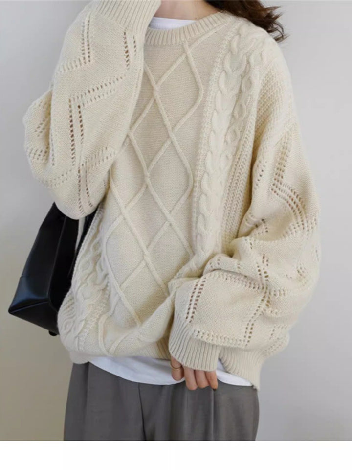 Damen Oversize Zopfmuster-Strickpullover mit Ajour‑Details und geripptem Saum Drune