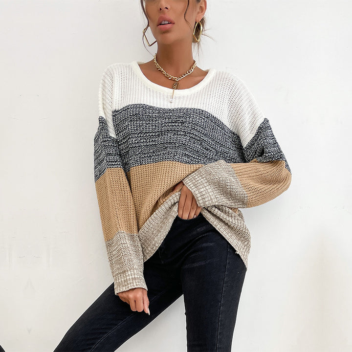 Damen Oversize Farbblock Strickpullover mit Rundhalsausschnitt und Rippbündchen Drune