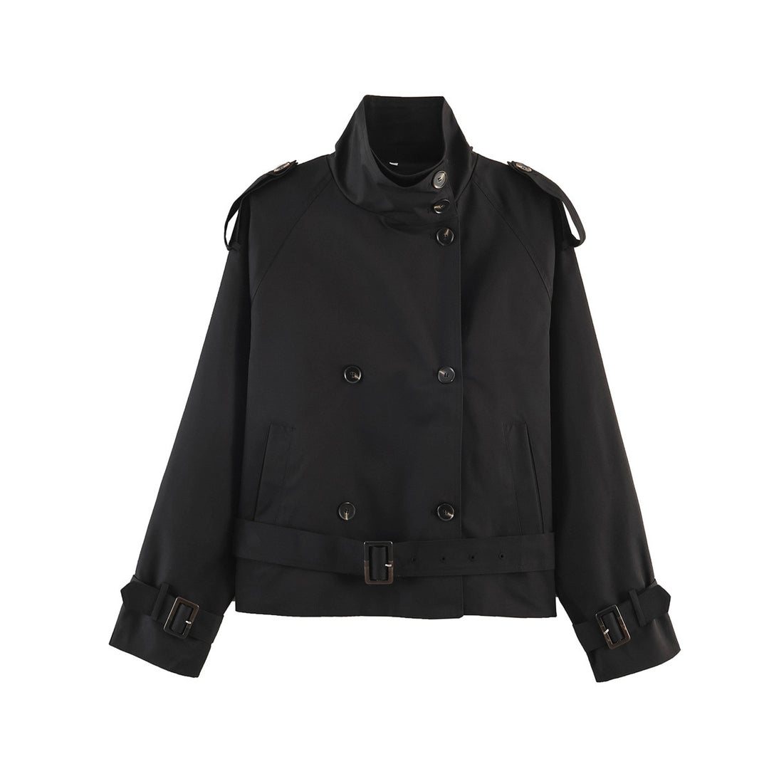 Damen 20+ kurzer Doppelreiher Trenchblouson im Boxy‑Cut mit Stehkragen Schulterklappen und verstellbarem Taillengürtel Drune