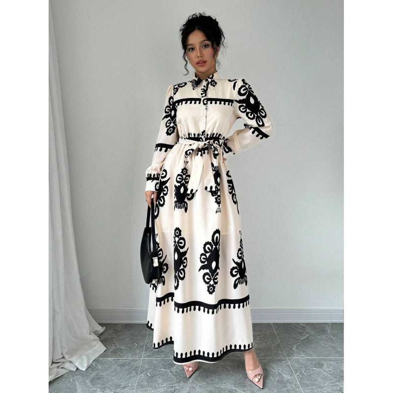 Damen Langarm-Maxikleid mit elegantem Knopfdesign und taillierbarem Gürtel Drune