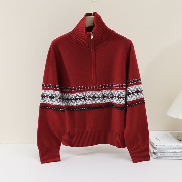 Damen Wärmender Norweger-Strickpullover mit halbem Reißverschluss und hohem Stehkragen Drune