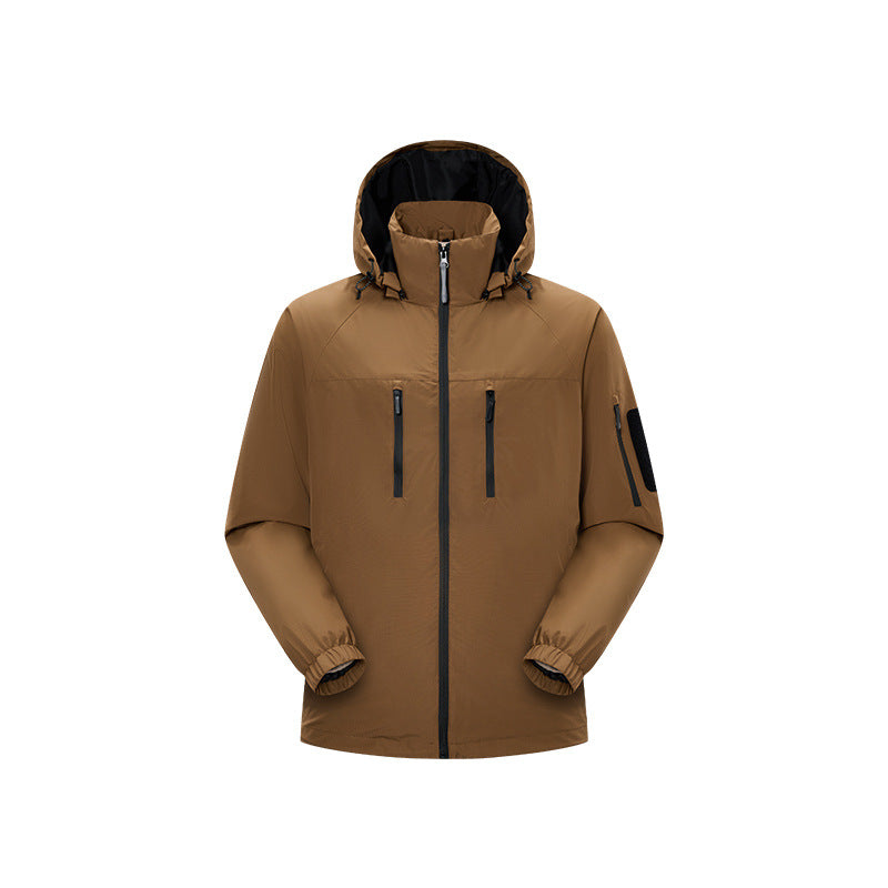 Herren Multifunktions-Shelljacke mit hoher Stehkragen-Kapuze, vertikalen Brusttaschen und Armtasche Drune