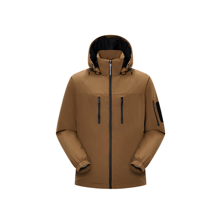 Herren Multifunktions-Shelljacke mit hoher Stehkragen-Kapuze, vertikalen Brusttaschen und Armtasche Drune