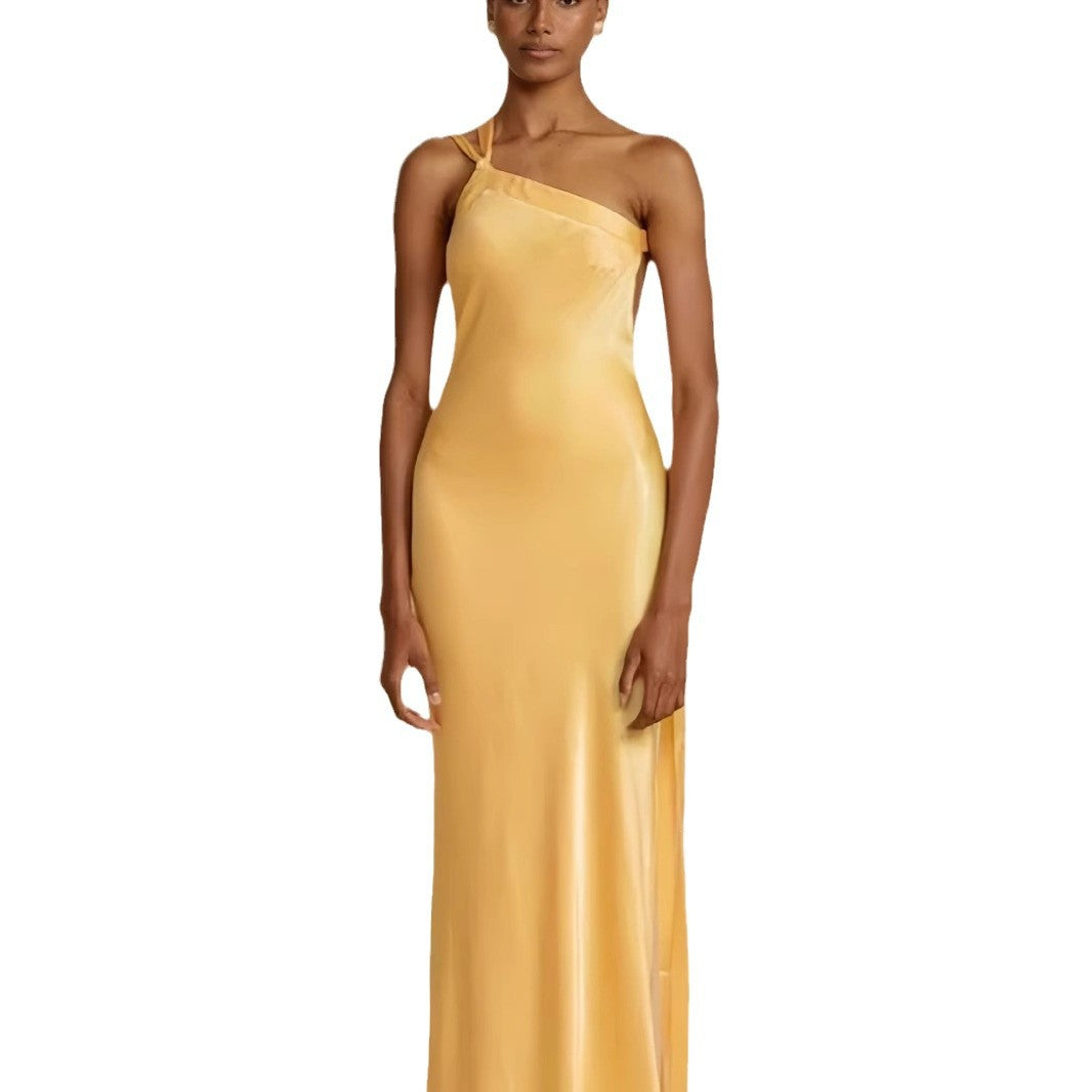 Damen elegantes Maxikleid mit asymmetrischem Halterdesign und schimmerndem Satin Drune