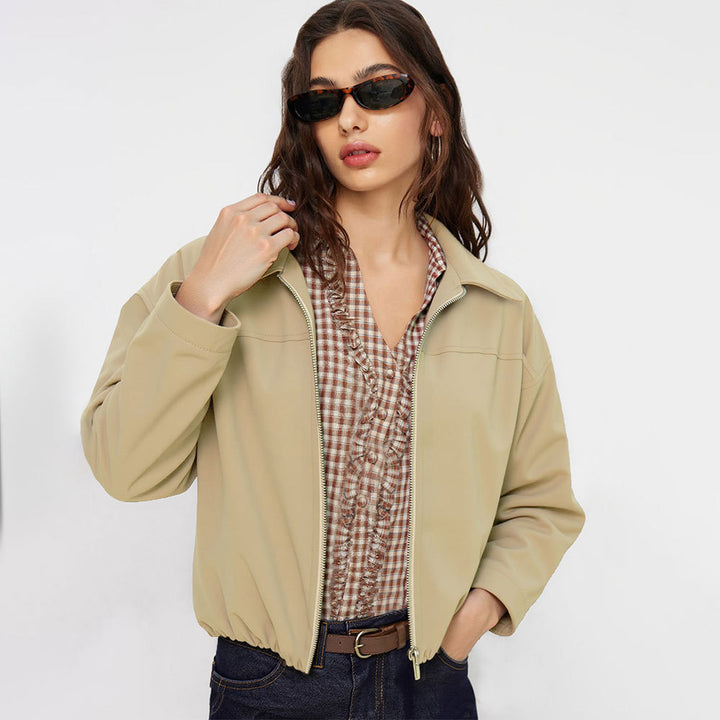 Damen kurze Oversize-Bomberjacke mit Reißverschluss, leichtem Kragen und elastischem Saum Drune