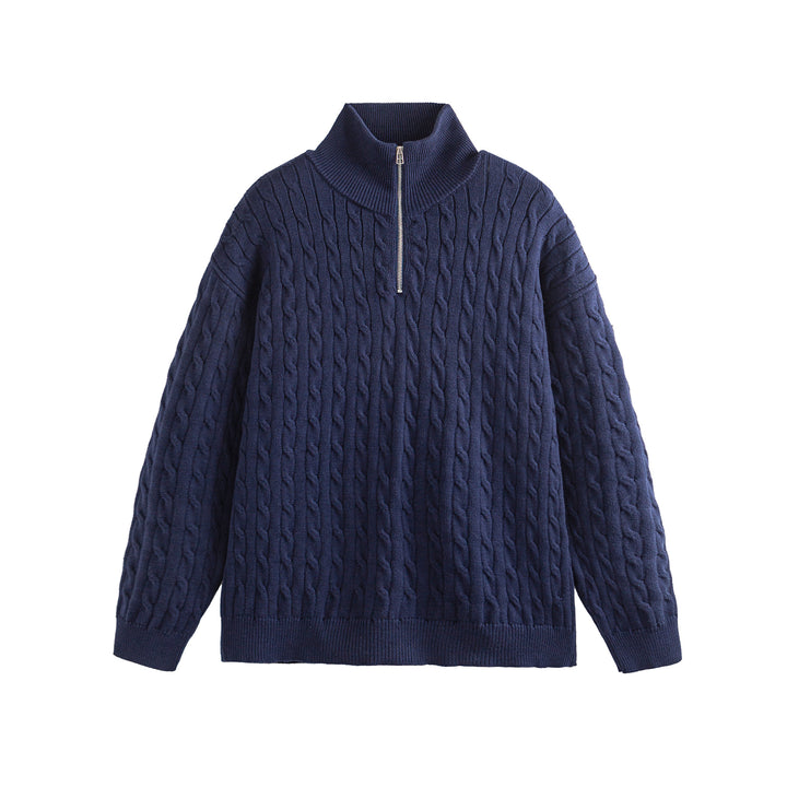 Unisex Grobgestrickter Zopfmuster-Pullover mit Halbzip und hohem Rippkragen Drune