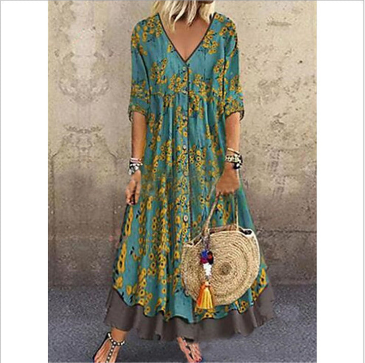 Damen Maxikleid im Boho‑Stil mit V‑Ausschnitt, durchgehender Knopfleiste und Stufenrock Drune