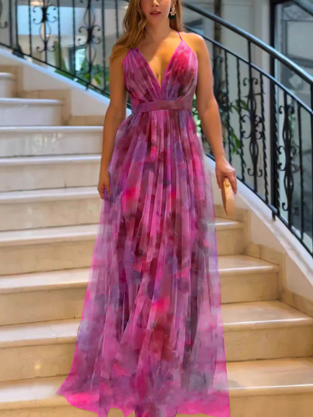 Damen Maxikleid mit tiefem V-Ausschnitt und fließendem Chiffon Drune