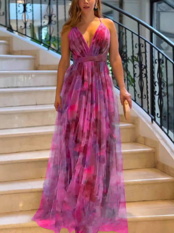Damen Maxikleid mit tiefem V-Ausschnitt und fließendem Chiffon Drune