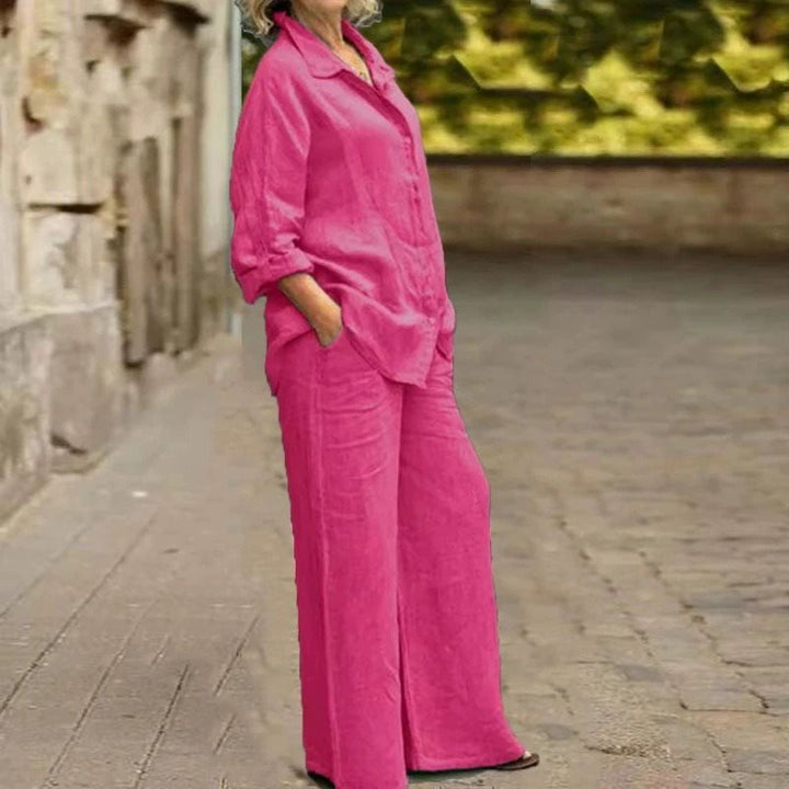 Damen Leichtes Leinen-Loungewear-Set mit Oversized-Hemd und weiter Palazzo-Hose Drune