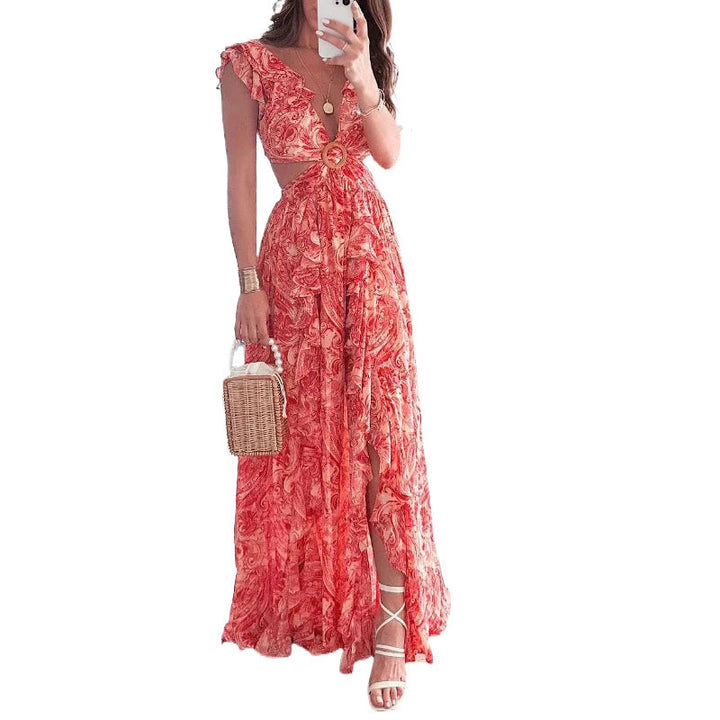 Damen Langes Maxikleid mit elegantem Cut-Out Design und Rüschenausschnitt Drune