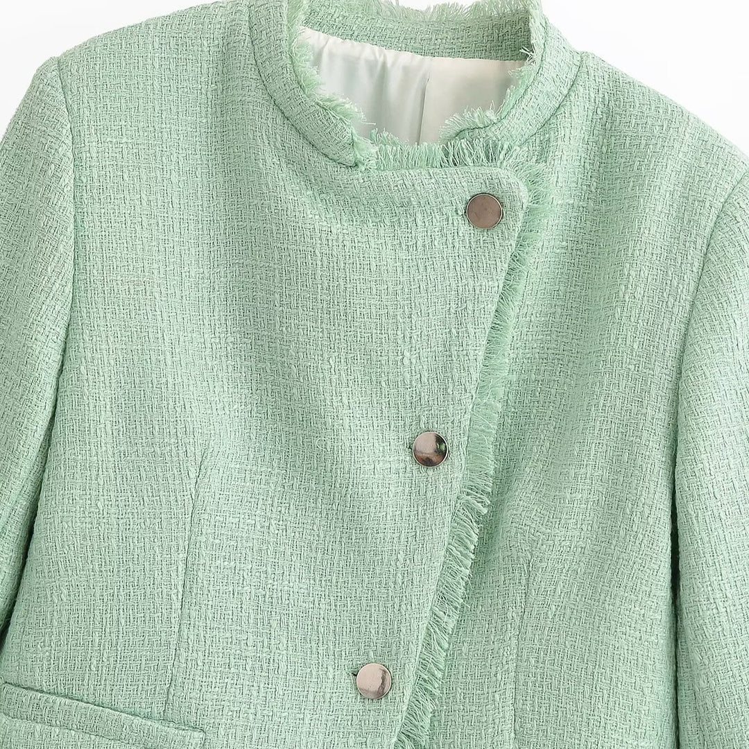 Damen Kurzblazer aus Bouclé‑Tweed mit Stehkragen, Fransenabschluss und taillierter Silhouette Drune