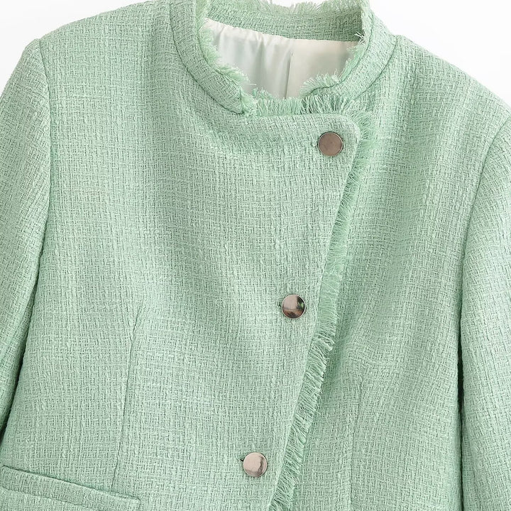 Damen Kurzblazer aus Bouclé‑Tweed mit Stehkragen, Fransenabschluss und taillierter Silhouette Drune