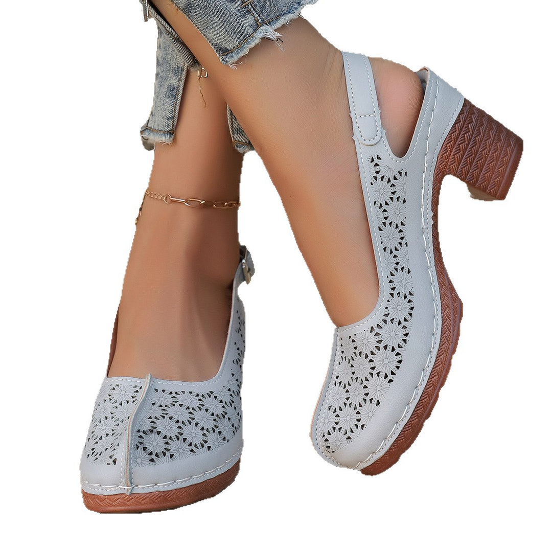 Damen  elegante Slingback-Pumps mit floralem Laser-Cut, gepolsterter Komfortinnensohle und stabilem Blockabsatz Drune