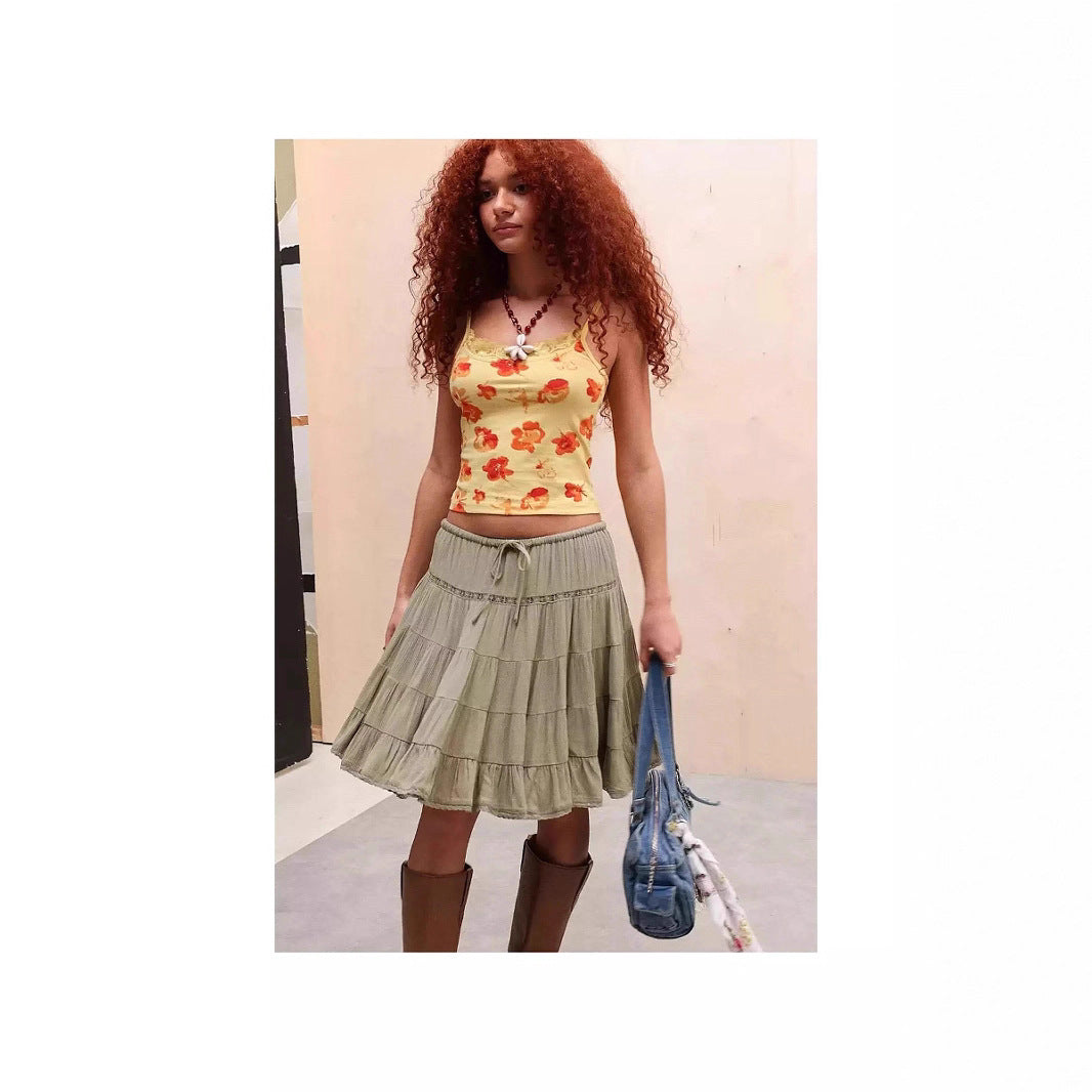 Damen florales Spaghetti-Top mit Spitzenrand Drune