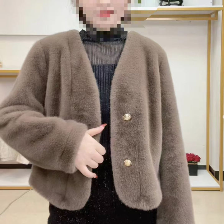 Damen Flauschige Kurzjacke mit edlen Knöpfen Drune