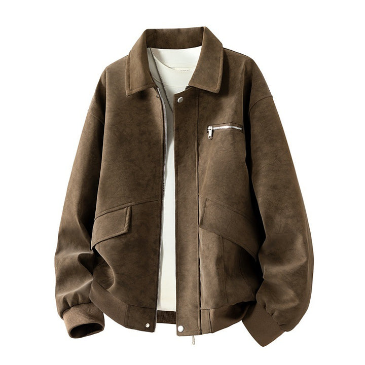 Herren Boxy-Blousonjacke im Veloursleder‑Look mit Brustreißverschluss, Pattentaschen & geripptem Saum Drune