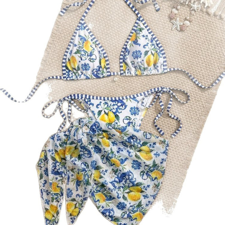 Damen Triangel-Bikini mit floralem Muster und verspieltem Pareo Drune