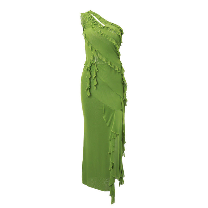Damen hochgeschlossenes Maxikleid mit asymmetrischem Rüschendesign und eleganter Drapierung Drune