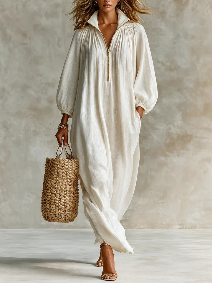 Damen Luftiger Maxi-Jumpsuit mit Ballonärmeln, halbhohem Reißverschluss und Eingrifftaschen Drune