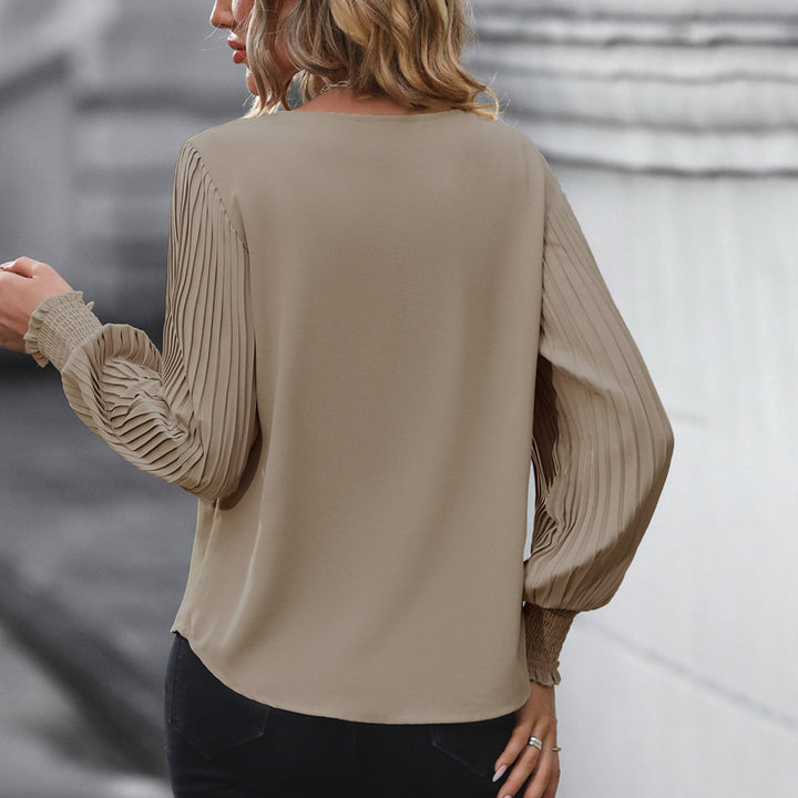 Damen Feminine V-Ausschnitt-Bluse mit plissierten Ballonärmeln und Smokmanschetten Drune