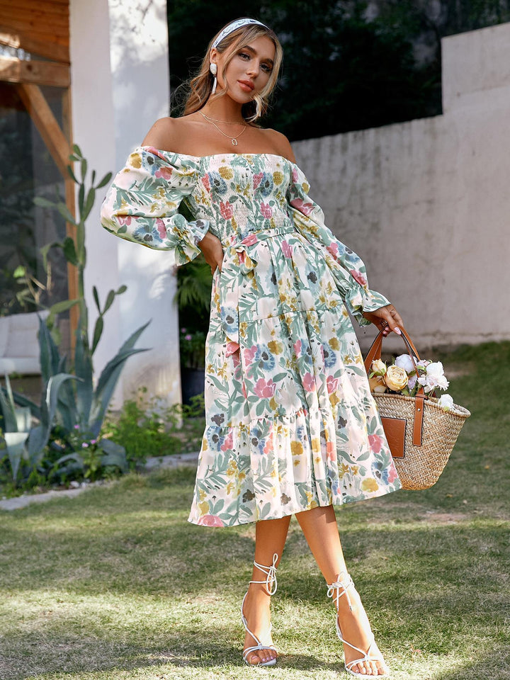 Damen Off-Shoulder Maxikleid mit floralem Print und Rüschendetails Drune