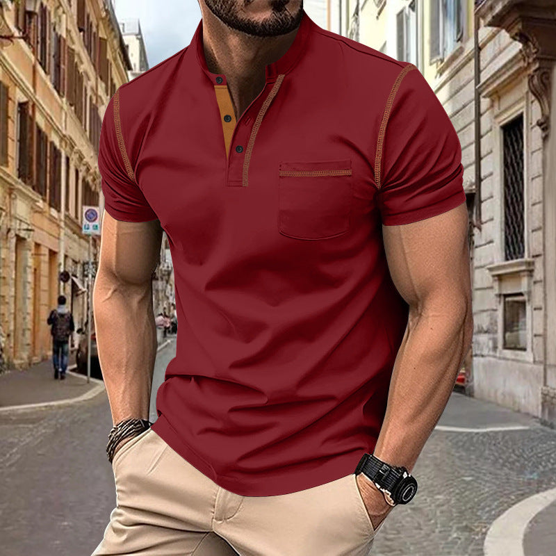 Herren nan Kurzarm-Polo im Henleystil mit Stehkragen, Brusttasche und Kontrastnaht Drune