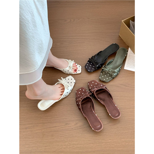 Damen Quadratische Slip-On Mules mit Punktmuster, feiner Zierschleife und Komfortfußbett Drune