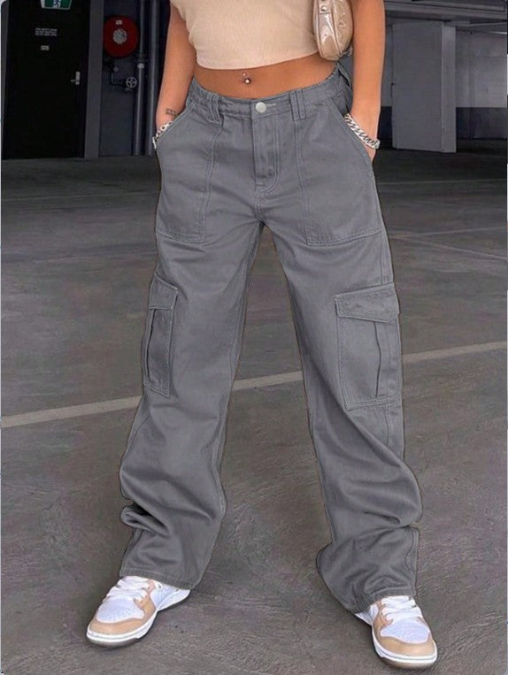 Damen Cargo-Hose mit weitem Bein, hoher Taille und Utility-Taschen Drune