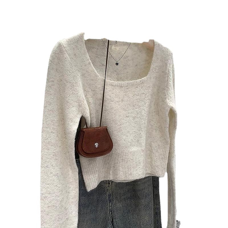 Damen lässiger Pullover mit quadratischem Ausschnitt und feiner Textur Drune