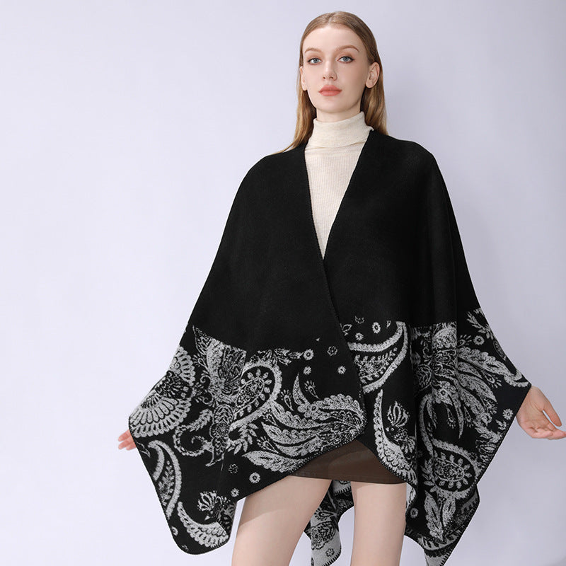 Damen Reversibler Jacquard-Capeponcho aus Wollmix mit Paisley-Motiv und offenem Fall Drune
