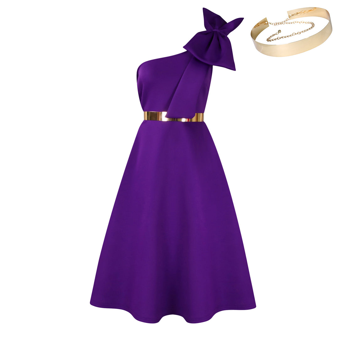 Damen schulterfreies Kleid mit stilvollem Halstuch und goldener Akzent Drune